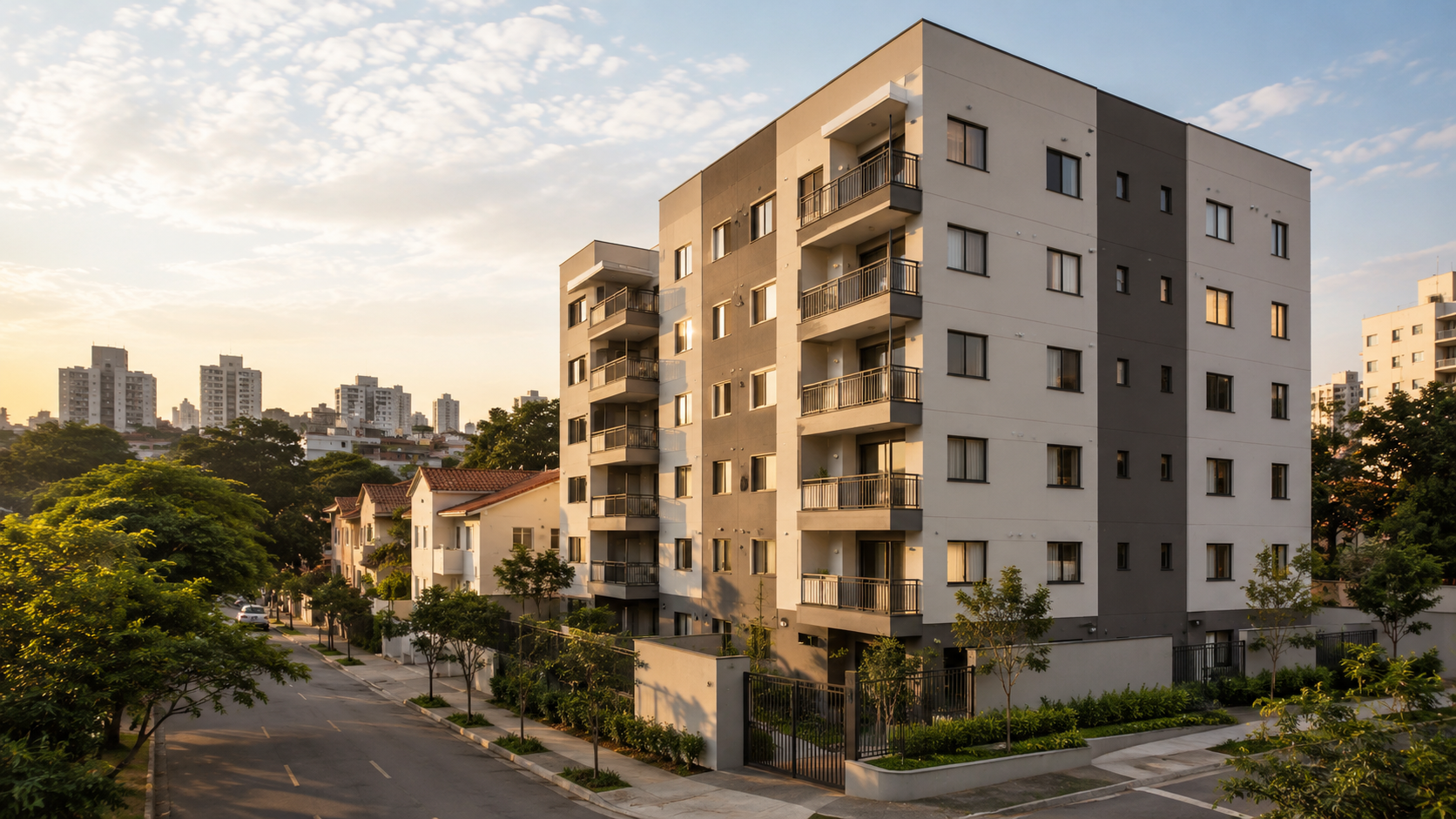 Edifício residencial em bairro urbano ao entardecer.