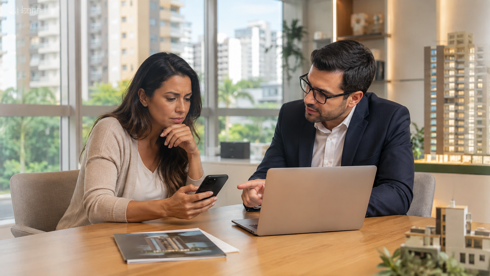 Mulher consulta o celular durante atendimento imobiliário.